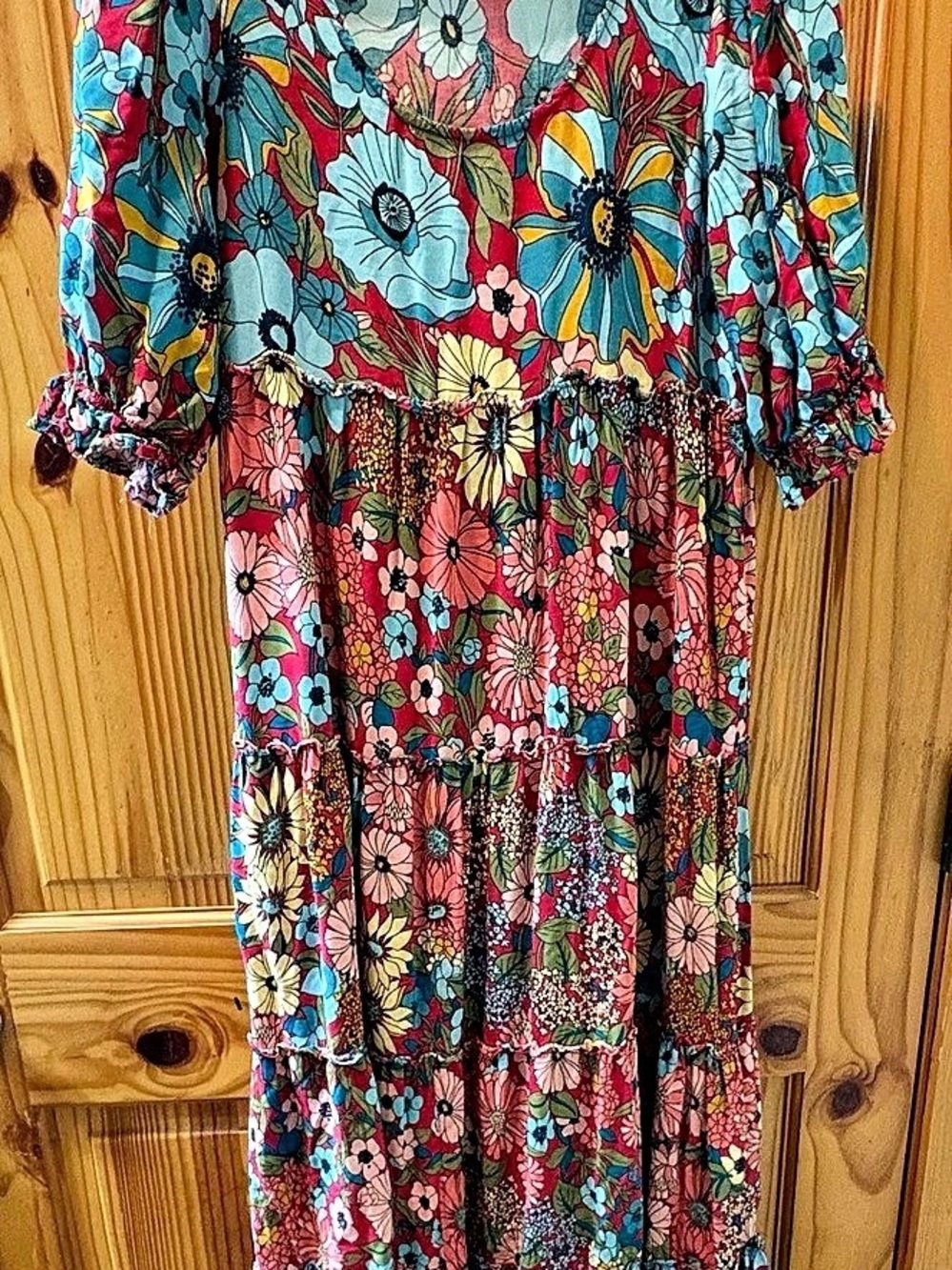 Natural Life Rebecca Tiered Dress Floral Maxi in Blue & Pink XS